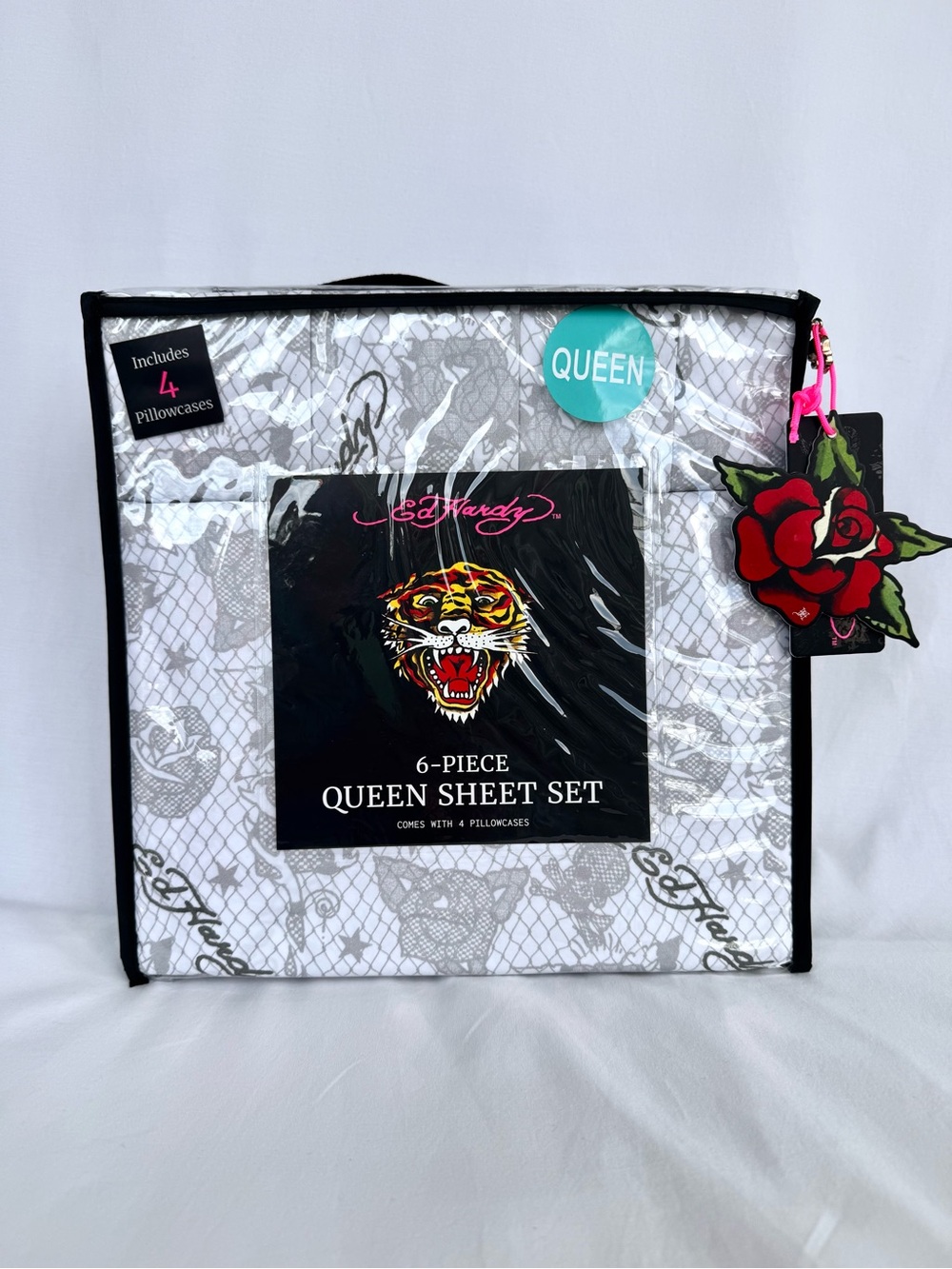 Ed Hardy 6-Piece Queen Sheet Set Gray White Tattoo Roses NWT